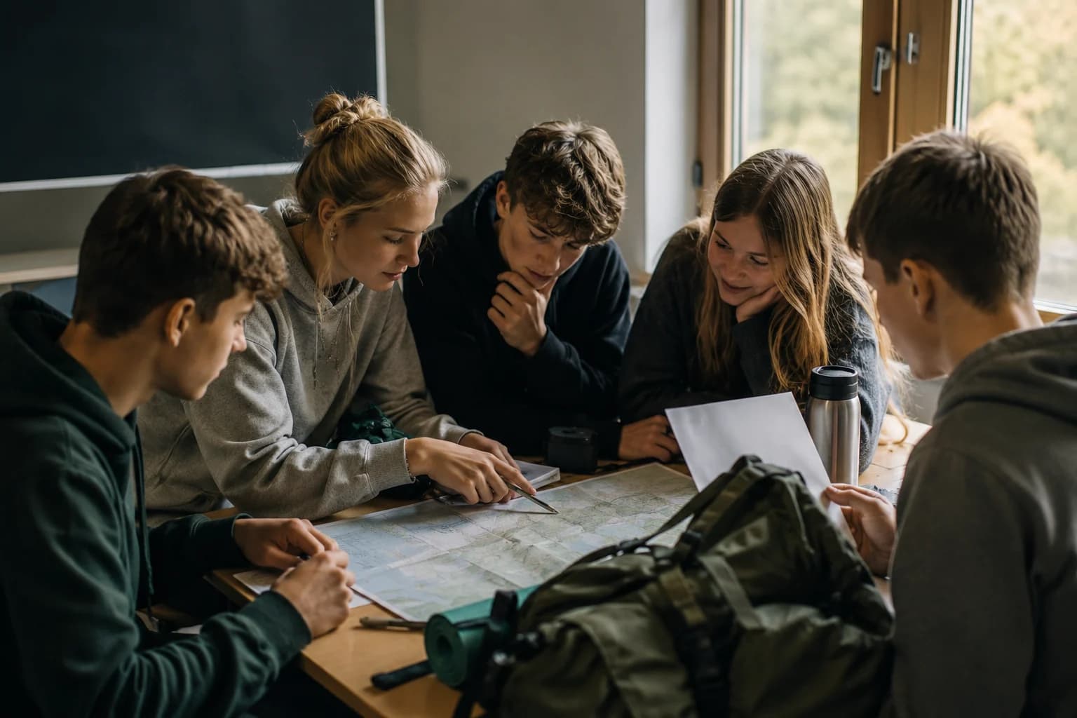 Elever planlægger klassens tur sammen ud fra et kort på bordet