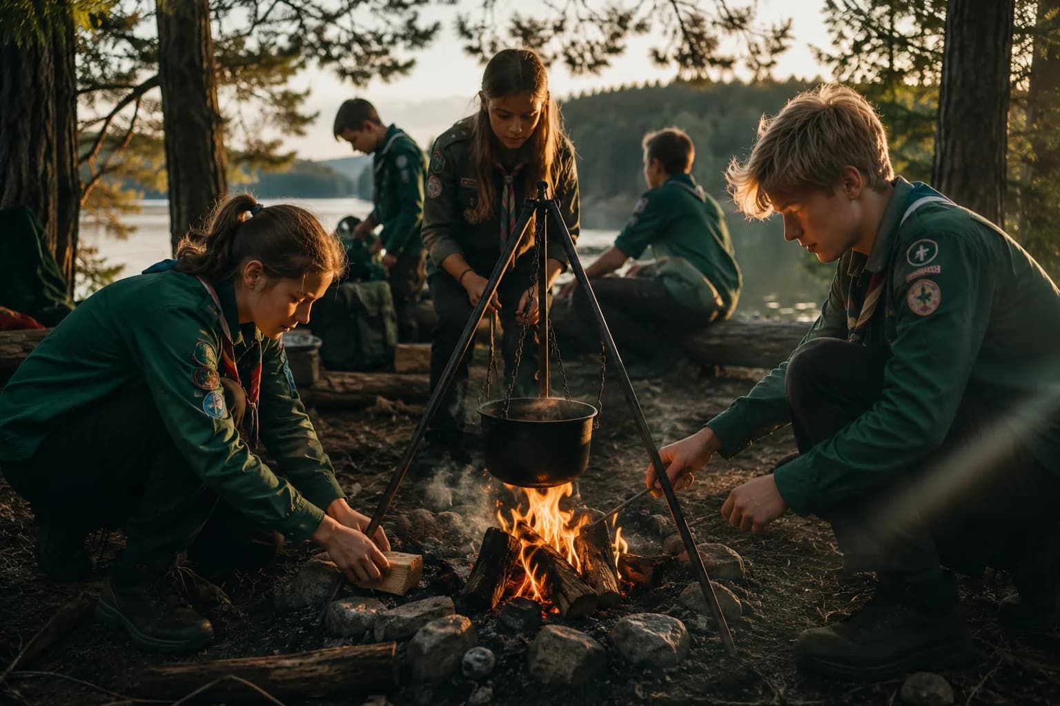 Spejdere laver mad over bål ved en sø i aftenlys