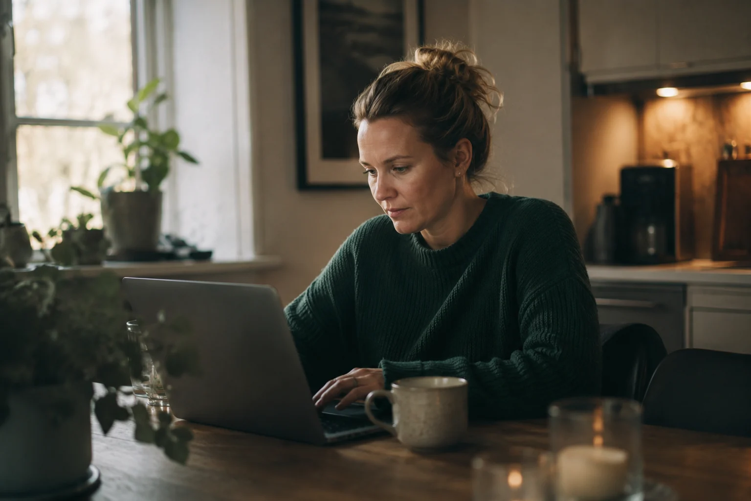 En forælder handler online fra køkkenbordet en helt almindelig aften
