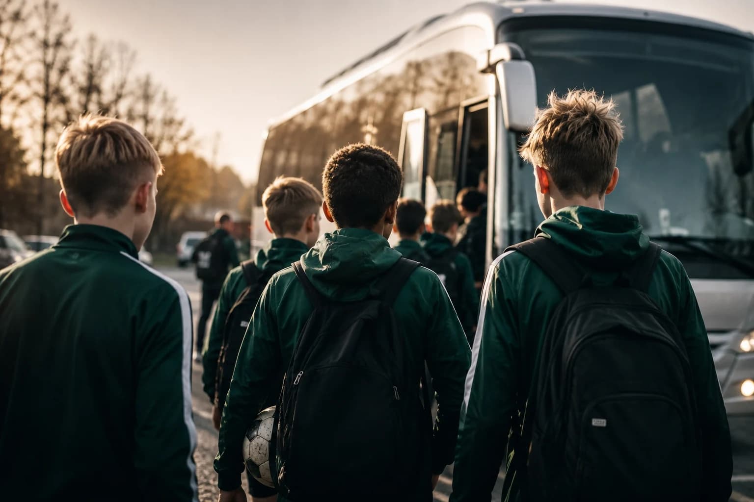 Et ungdomsfodboldhold går om bord på bussen til en udekamp